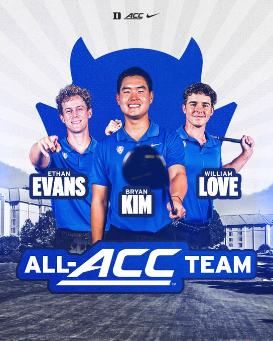 Graphic honoring All-Atlantic Coast Conference honorees from Duke men's golf team: Ethan Evans, Bryan Kim and William Love. 