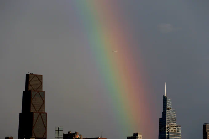 Plane flying into a #rainbow over #Manhattan  #newyorkcity

#newjersey #nycphotographer  #earthskyscience #weather #skywatch #clouds
#nyc #newyork #storm
#nj #manhattanview  #nycskyline  #rainbowovernyc #rainbownewyork #ilovenewyork  #ilovenyc #hudson #upperwestside

