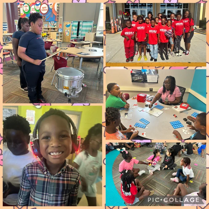 **Alt Text:**
A photo collage highlights students participating in Oakdale Elementary's Summer Learning Program. One image shows students practicing drumming in the library. Another features a group of smiling students and staff gathered outside the school entrance. Additional photos show students engaged in hands-on math activities with manipulatives, participating in a silent dance party while wearing illuminated headphones, and collaborating in a group activity on the floor. The collage captures students learning, building skills, and having fun through a variety of engaging educational experiences. ❤️🖤📚🎶🥁➕✨