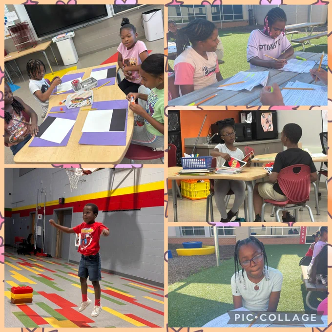 **Alt Text:**
A photo collage features students participating in a variety of Summer Learning activities at Oakdale Elementary. Several students work together on art projects and writing activities both inside the classroom and outdoors. Other students engage in educational games and partner learning activities at classroom tables. One photo shows a student jumping during a physical activity challenge in the gym. The collage highlights creativity, collaboration, academic learning, movement, and student engagement throughout the summer program. 📚✏️🎨🤝🏃‍♂️❤️🖤