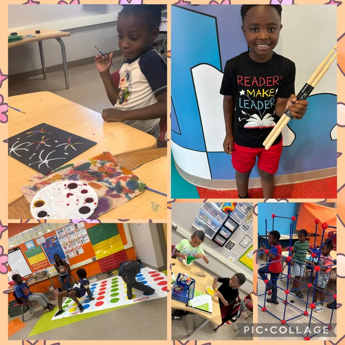 **Alt Text:**
A photo collage showcases students participating in Oakdale Elementary's Summer Learning Program. One photo shows a student creating colorful salt artwork at a classroom table with paint supplies nearby. Another features a smiling student proudly holding a pair of drumsticks. Additional images capture students playing Twister, working together on hands-on STEM and classroom activities, and building a large structure using construction connectors and rods. The collage highlights creativity, teamwork, problem-solving, and engaging learning experiences throughout the summer program. 🎨🧪🥁🧩✨❤️🖤