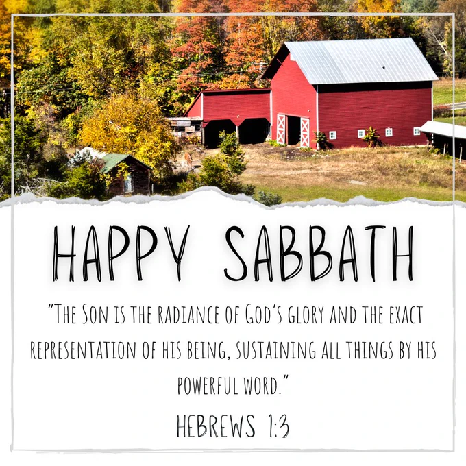 A pastoral scene featuring a red barn surrounded by autumn trees with a 'Happy Sabbath' greeting and a Bible verse.