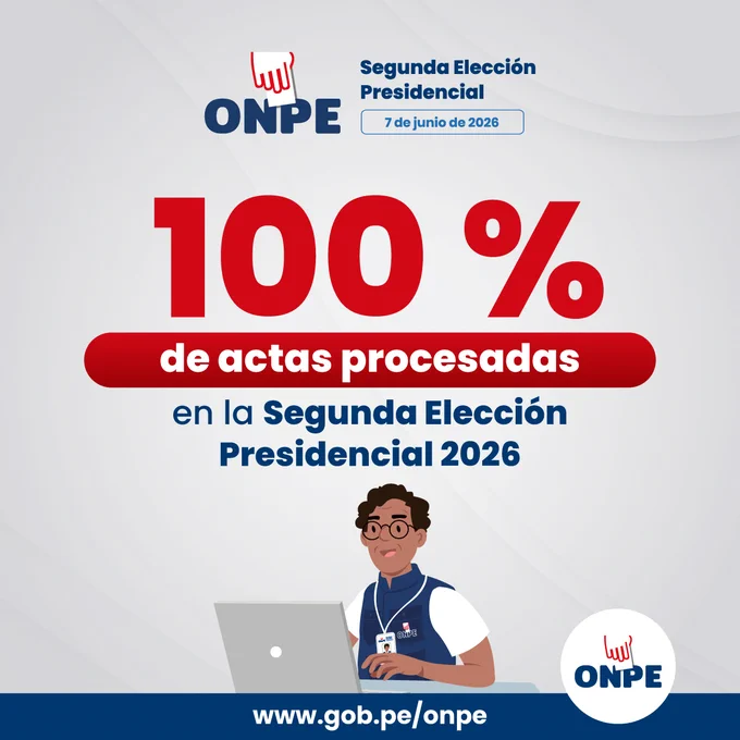 Alcanzamos el 100 % de actas procesadas en la Segunda Elección Presidencial 2026. 