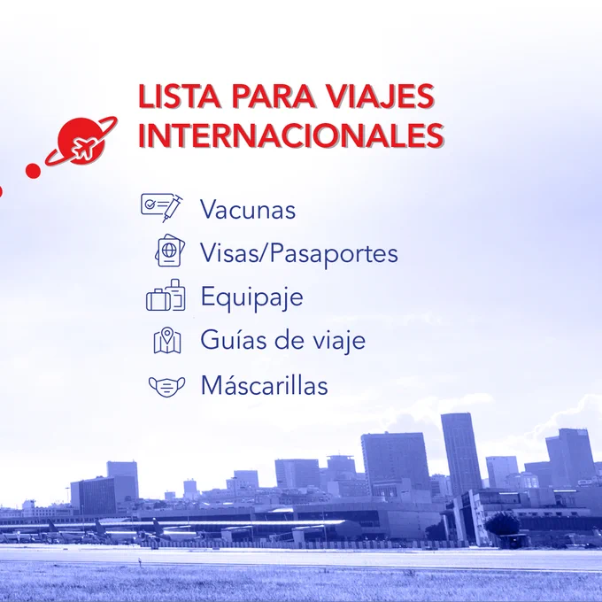 Lista de verificación para viajes internacionales que incluye vacunas, requisitos de visa y pasaporte, preparación del equipaje, guías de viaje y mascarillas.