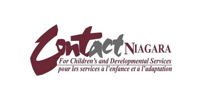 Contact Niagara logo features the organizations full name: Contact Niagara For Children's and Developmental Services/pour les services a l'enfants et a l'adaptation, the text is written in burgundy, but the act in Contact is written in grey.