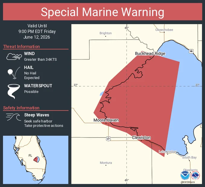 This graphic displays a special marine warning plotted on a map. The warning is in effect until 9:00 PM EDT. The warning includes Lake Okeechobee. The threats associated with this warning are wind gusts greater than 34kts and no hail expected.Waterspouts are possible. Steep waves can be expected. Seek safe harbor and take protective actions.