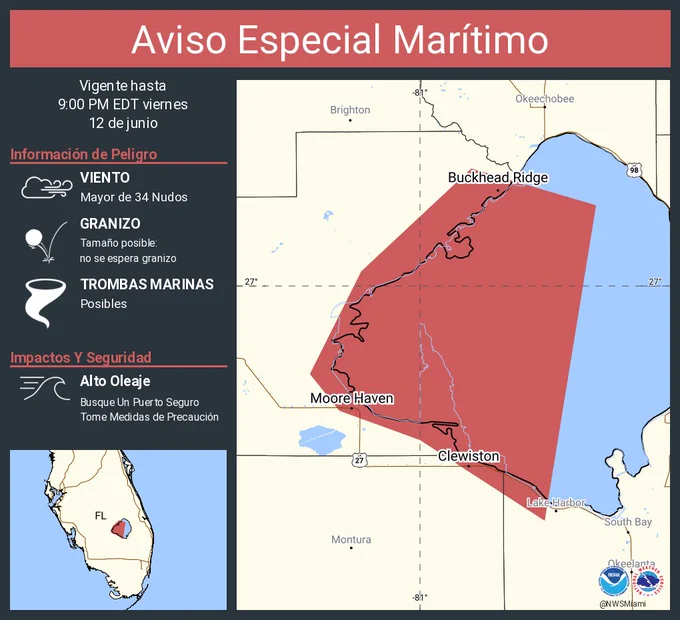Este gráfico muestra la localización en el mapa de un Aviso Especial Marítimo. El aviso estará en efecto hasta las 9:00 PM EDT. El aviso incluye a Lago Okeechobee. Las amenazas asociadas a este aviso son: ráfagas de vientos de mayor de 34 nudos yno se espera granizo. Las trombas marinas son posibles. Alto oleaje. Busque un puerto seguro y tome medidas de precaución.