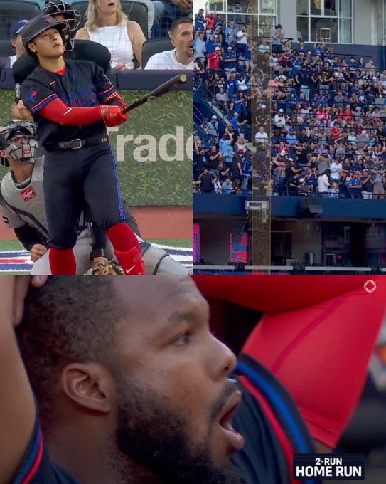 Top left, Kazuma Okamoto finishes his swing. Top right, the third deck at Rogers Centre where Okamoto's home run lands. Bottom, Vladimir Guerrero Jr. reacts in disbelief to Okamoto's home run.