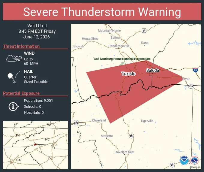 This graphic displays a severe thunderstorm warning plotted on a map. The warning is in effect until 8:45 PM EDT. The warning includes Saluda NC and Tuxedo NC.  This warning is for Southeastern Henderson, Southwestern Polk and North Central Greenville Counties. The threats associated with this warning are wind gusts up to 60 MPH and quarter sized hail. There are 9,051 people in the warning along with 0 schools and 0 hospitals.