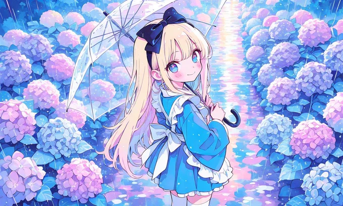 PixAI【Shiitake-Mix】alice (alice in wonderland), (((solo))),((wa maid)), black hairribbon,hair bow, looking at viewer, smile, white thighhighs,cowboy shot,transparent umbrella, rain, hydrangea,looking back, from above, wide shot,masterpiece,high resolution,high quality, ,high-res,{masterpiece},{chibi style anime illustration},{Deformed},{best quality}, {illustration},{thick outline},{outlined vector graphics},{2d cel anime},{flat color style},{simple coloring style},Only one person depicted, big eyes, a short limbs,Yuzukastyle, pastel colors,watercolor, sketch style, watercolor effect, pastel colors