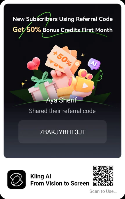 Kling AI Referral Code Get 50% Bonus Credits First Month Scan to use
