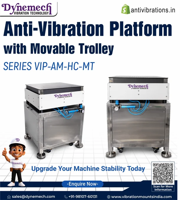 Dynemech VIP-AM-HC-MT anti-vibration platform with movable trolley, designed for precision equipment requiring vibration isolation, mobility, and enhanced operational stability.