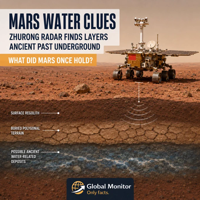 A bright Mars science image showing China’s Zhurong rover on a reddish plain, with a clean subsurface radar-style layer graphic suggesting buried geological structures below the surface.