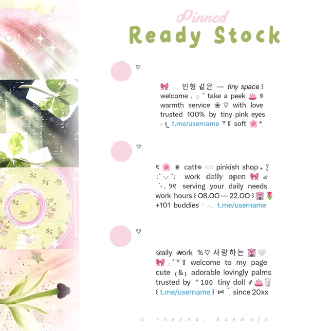 ㅤ
ㅤㅤㅤ꒰ 🎀🌸👛🌷/ IDR. 5,5OO ꒱

ㅤㅤㅤCODE (D) 

ㅤㅤㅤCODE (E) 

ㅤㅤㅤCODE (F)
ㅤ