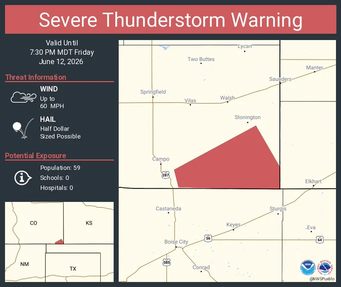 This graphic displays a severe thunderstorm warning plotted on a map. The warning is in effect until 7:30 PM MDT. The warning includes Baca County, CO.  This warning is for Southeastern Baca County. The threats associated with this warning are wind gusts up to 60 MPH and half dollar sized hail. There are 59 people in the warning along with 0 schools and 0 hospitals.