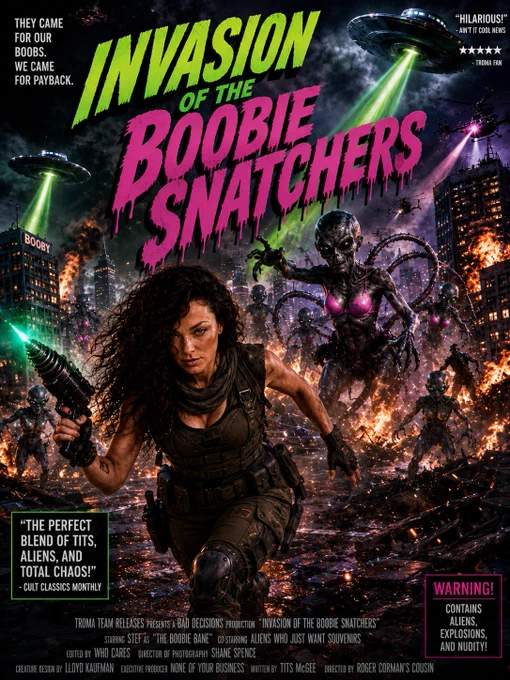 A super cool movie poster I made using AI and my weird brain with myself as the leading role with a laser pew pew, aliens in bras called Invasion of the Boobie Snatchers and something about perfect blend of tits aliens and total chaos. It's fake, don't worry.