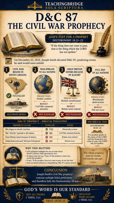TeachingBridge infographic titled “D&C 87: The Civil War Prophecy.” A parchment-style design with navy and gold accents evaluates Joseph Smith’s Civil War prophecy using Deuteronomy 18:21–22 as the biblical standard. An open Bible introduces the principle that a prophecy claiming divine authority must come to pass. Four panels compare specific claims with historical outcomes: the Civil War beginning in South Carolina is marked as fulfilled, while predictions that the war would spread to all nations, draw Great Britain into the conflict because of slavery, and bring worldwide destruction are marked as unfulfilled. A comparison table summarizes the results, showing one fulfilled detail and several failed predictions. The infographic emphasizes that Scripture tests the whole prophecy, not merely one accurate element. A concluding section argues that the prophecy fails the Deuteronomy 18 standard and ends with the banner, “God’s Word Is Our Standard.”