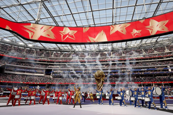 A troupe of dancers at the opening ceremony in Los Angeles