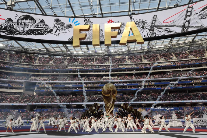 Wide shot of the opening ceremony at Los Angeles Stadium