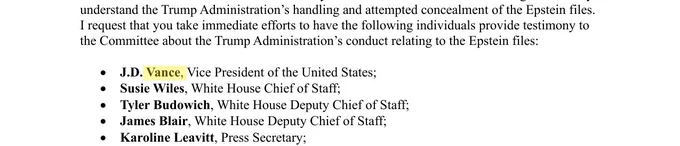 House Oversight Ranking Member Garcia's June 11 2026 letter to Chairman Comer listing JD Vance Susie Wiles and Karoline Leavitt as officials demanded to testify about Epstein file concealment