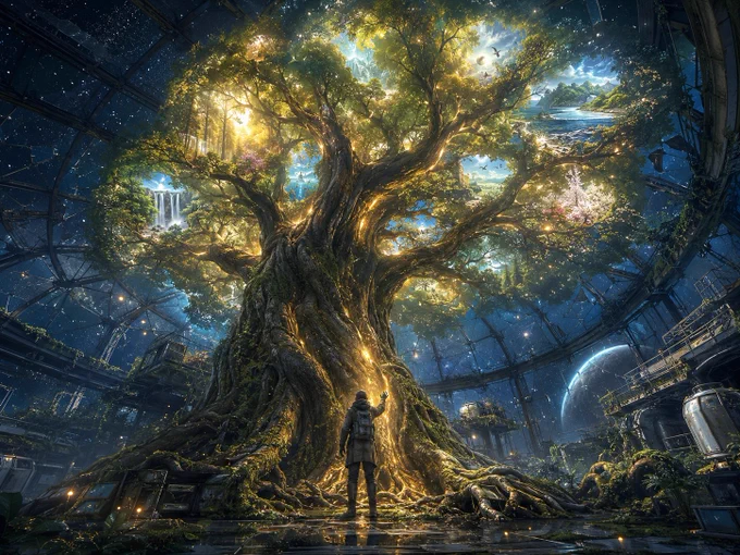 A lone futuristic explorer stands inside the abandoned biodome of a generation ship, touching the glowing trunk of an enormous ancient tree. Massive roots spread through broken platforms, overgrown machinery, and reflective pools, while golden light moves through the bark. The canopy reveals luminous memories of Earth, including green forests, waterfalls, blue skies, birds, flowers, and a bright ocean coastline. Stars and a distant planet are visible through the vast cracked glass dome, creating an emotional scene about nature, memory, survival, and home.