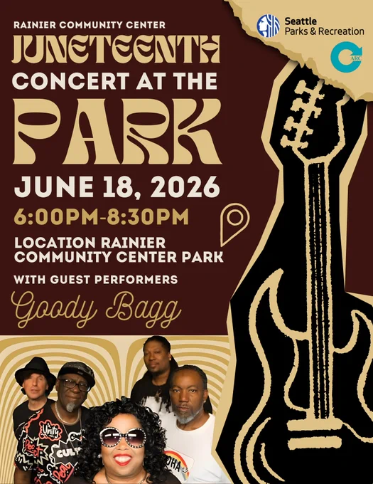 Poster for Juneteenth Concert at the Park on June 18, 2026, 6-8:30 PM at Rainier Community Center Park featuring guest performer Goody Bagy.