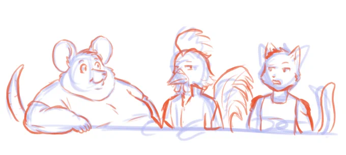 anthro fat mouse, rooster, and cat, guys, friends. wip sketch. A little more progress.