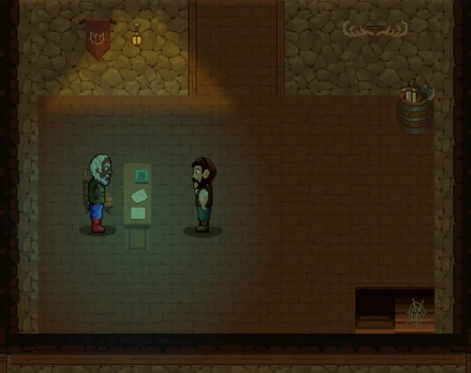Pixel-art Guild Hall scene from Rumors & Relics. The tavern owner stands beside a desk speaking with a placeholder NPC in the newly relocated Guild Hall area on the second floor of The Sloshed Stag Tavern.