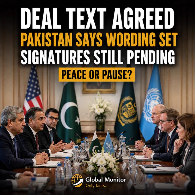 Image of diplomats and officials in a formal meeting setting, representing U.S.-Iran mediation and a pending peace agreement.