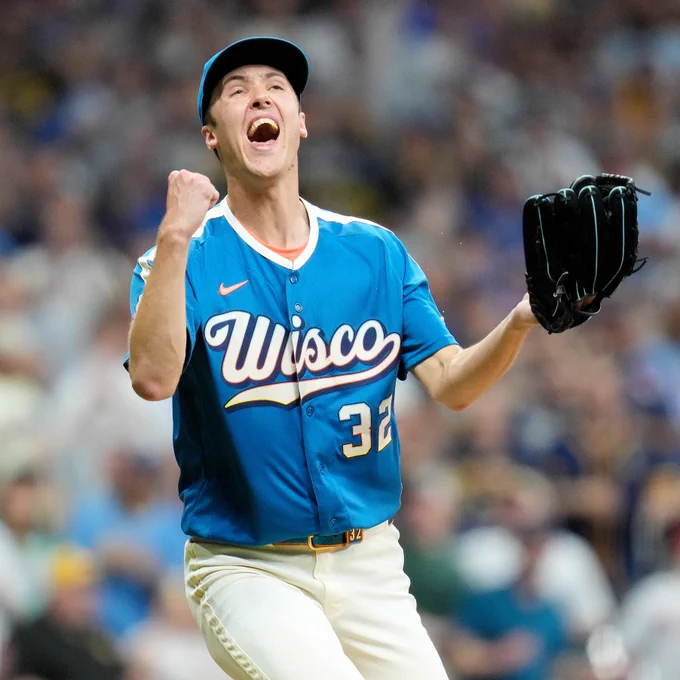 Jacob Misiorowski screams after the final out of his complete game Friday night. He wears the Milwaukee Brewers City Connect uniform.