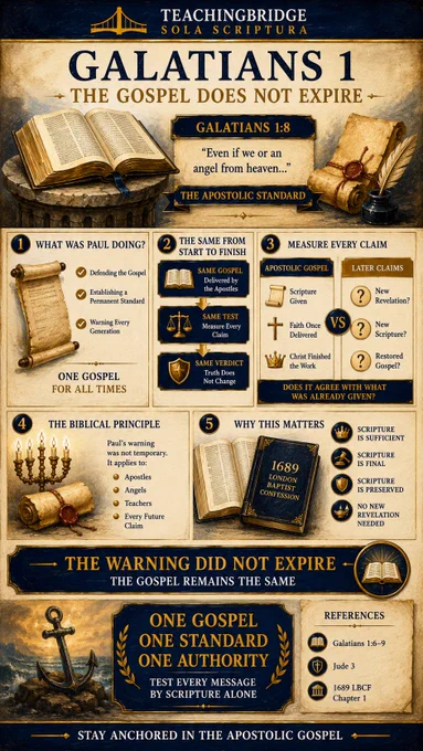TeachingBridge “Sola Scriptura” infographic titled “Galatians 1: The Gospel Does Not Expire.” A parchment-style design with navy and gold accents centers on Galatians 1:8 and the phrase “The Apostolic Standard.” An open Bible, scrolls, lampstands, and a 1689 London Baptist Confession volume illustrate the theme of Scripture’s enduring authority. The infographic explains that Paul was defending the gospel, establishing a permanent standard, and warning every generation. Several panels emphasize the same gospel, the same test, and the same verdict for all future claims. A comparison section contrasts the apostolic gospel with later claims of new revelation, new scripture, or a restored gospel, asking whether they agree with what was already given. The graphic concludes with the statements “The Warning Did Not Expire,” “One Gospel, One Standard, One Authority,” and “Test Every Message by Scripture Alone.”