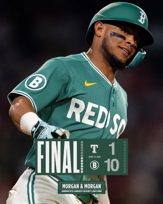FINAL: Red Sox 10, Rangers 1. June 12, 2026.

IMAGE: Ceddanne Rafaela runs the bases after hitting a home run at Fenway Park. He is wearing the Red Sox Fenway Greens uniform.