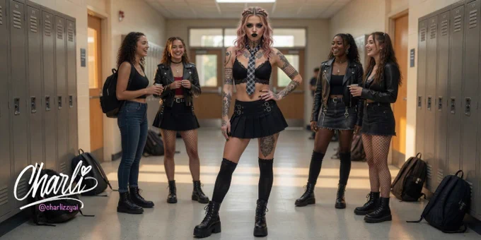 Five women stand in a hallway posing in dark, edgy outfits. The central woman features blonde hair with tattoos, a black graphic top, a black pleated skirt with chain details, and knee-high boots, while her backup dancers wear coordinated black outfits and backpacks.