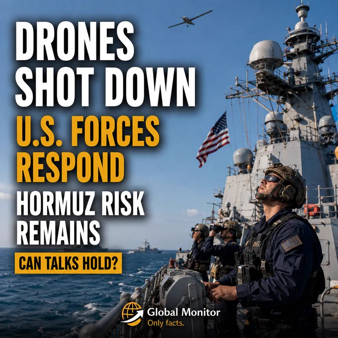 Image of naval forces monitoring Gulf waters near the Strait of Hormuz, with drones or air-defense activity implied in the distance.