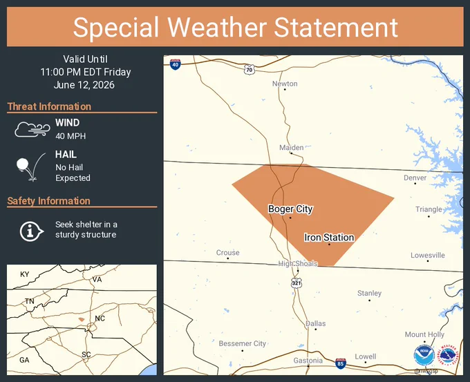 This graphic displays a special weather statement plotted on a map. The statement is in effect until 11:00 PM EDT.  The statement includes Iron Station NC and  Boger City NC.  A STRONG THUNDERSTORM WILL IMPACT CENTRAL LINCOLN COUNTY THROUGH 1100 PM EDT. The threats associated with this storm are wind gusts up to 40 MPH and no hail is expected. Seek shelter in a sturdy structure until the storm passes.