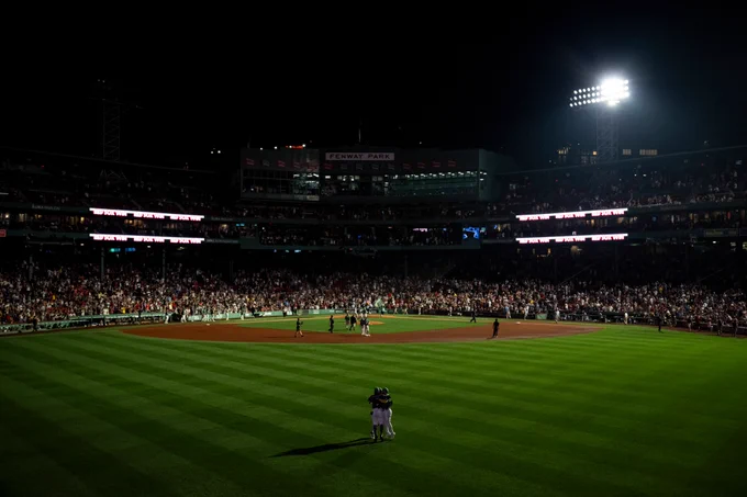 A photo of Fenway Park taken from the outfield after the Red Sox win over the Texas Rangers.