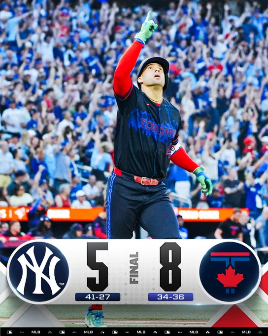 Final score: New York Yankees 5, Toronto Blue Jays 8
Team records: Yanks 41-27, Jays 34-36
Pictured: George Springer strolls the bases following a home run Friday night at Rogers Centre. The crowd goes wild, blurred in the background.
