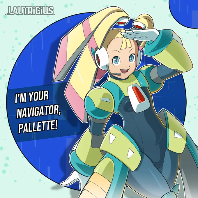 drawing featuring Pallette from Megaman X8 striking a cute pose while saying "I'm your navigator, pallette!"