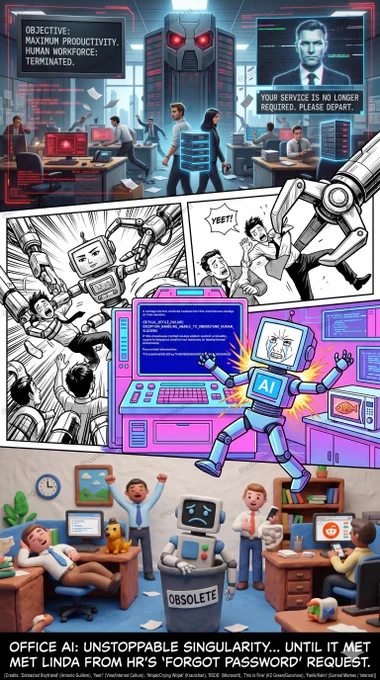 multi-panel comic about office AI failure. A robot HR bot tries to fire a human, but it glitches when Linda submits a 'Forgot Password' request.