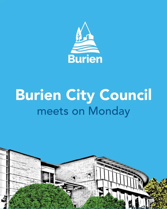 Illustration of Burien City Hall with text "Burien City Council meeting on Monday".