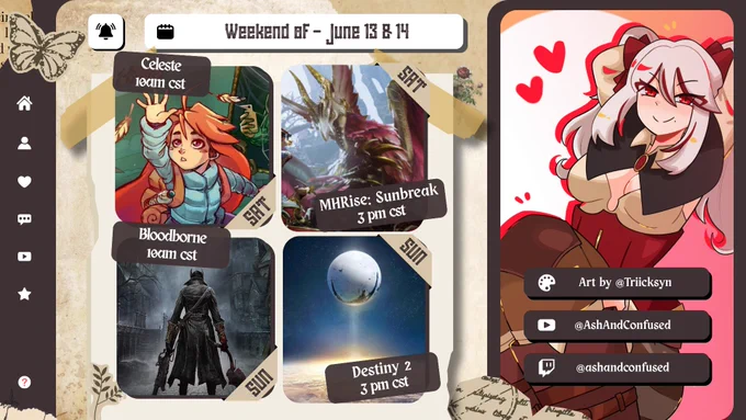 Weekend of June 13 & 14

SAT 10am CST: Celeste
SAT 3pm CST: Monster Hunter Rise: Sunbreak
SUN 10am CST: Bloodborne
SUN 3pm CST: Destiny 2