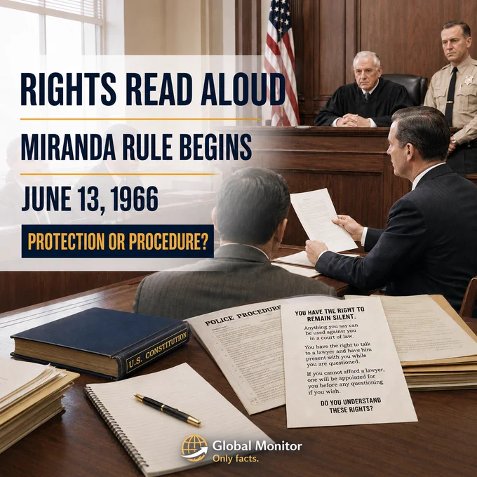 Image of a U.S. Supreme Court-style courtroom and police procedure documents representing the Miranda rights ruling.