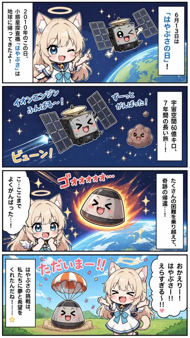 このキャラクターを使い、6月13日「はやぶさの日」にちなんだ4コマ漫画を画像生成して
2010年のこの日、小惑星探査機「はやぶさ」は宇宙空間60億キロ、7年間の歳月をかけたミッションを成し遂げ、地球に奇跡的な帰還を果たした。
コミカルに描いて、ギャグマンガにして
キャラクターはデフォルメし、可愛らしく
コマは縦配置 セリフは縦書き、文字を明瞭に、誤字なく描いて
描いた後に、文字の誤字・人物の指の数を自分で確認して直して
報告は不要