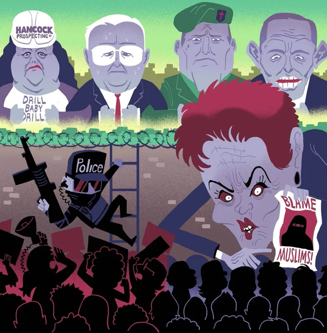 A graphic showing, at the top, Gina Rinehart, Anthony Albanese, Ben Roberts-Smith and Tony Abbott. They are protected from a mass of people below by barbed wire and an armed policeman. Meanwhile, Pauline Hanson looms over the crowd pointing to a sign that says 'blame Muslims!'