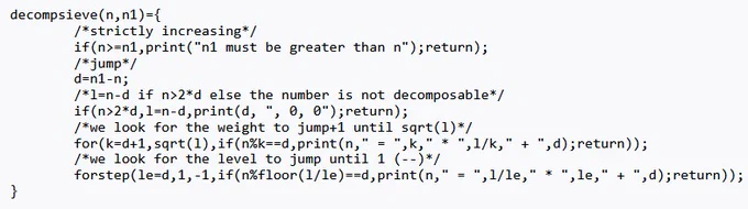 Algorithm of the decomposition into weight × level   jump in PARI/GP from the OEIS Wiki