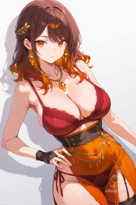 antique gold hair accessory with amber stone,
crimson red satin bra with lace trim, 
antique gold layered chain necklace, long amber crystal drop earrings,
lace fingerless gloves,
orange see-through high-waist wrap skirt with double slit,(orange color:1.2) .
red lace panties,side-tie,
thigh peek through slit,
sheer black stockings,