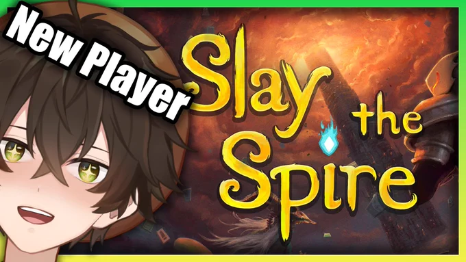 Thumbnail with slay the spire splash art with the vtuber DaiShimaVT overlayed and 'new player' text on his head