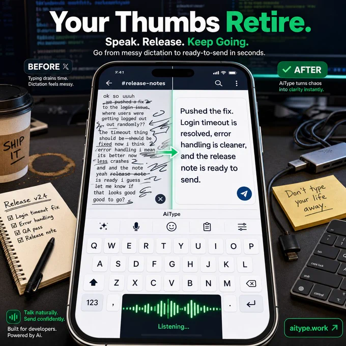 Split image of a phone on a cluttered developer desk. Left side displays messy, overlapping spoken words in chaotic text. Right side shows AiType keyboard with clean, polished text ready to send, illustrating fast voice-to-text cleanup and dictation.