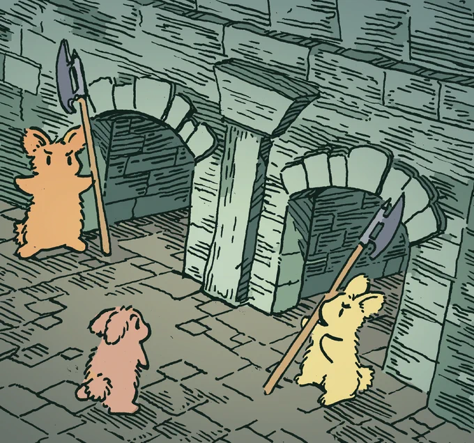 A bunny in a stone dungeon comes to two passages, both blocked by two bunny guards with halberds. Rather than doing their job, the two guards seem to be arguing with one another.
