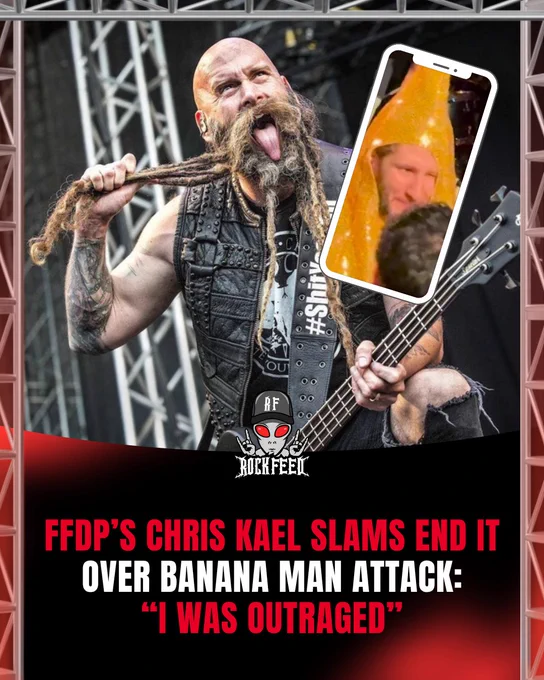 Five Finger Death Punch's Chris Kael with banana man inset, Rock Feed news slide